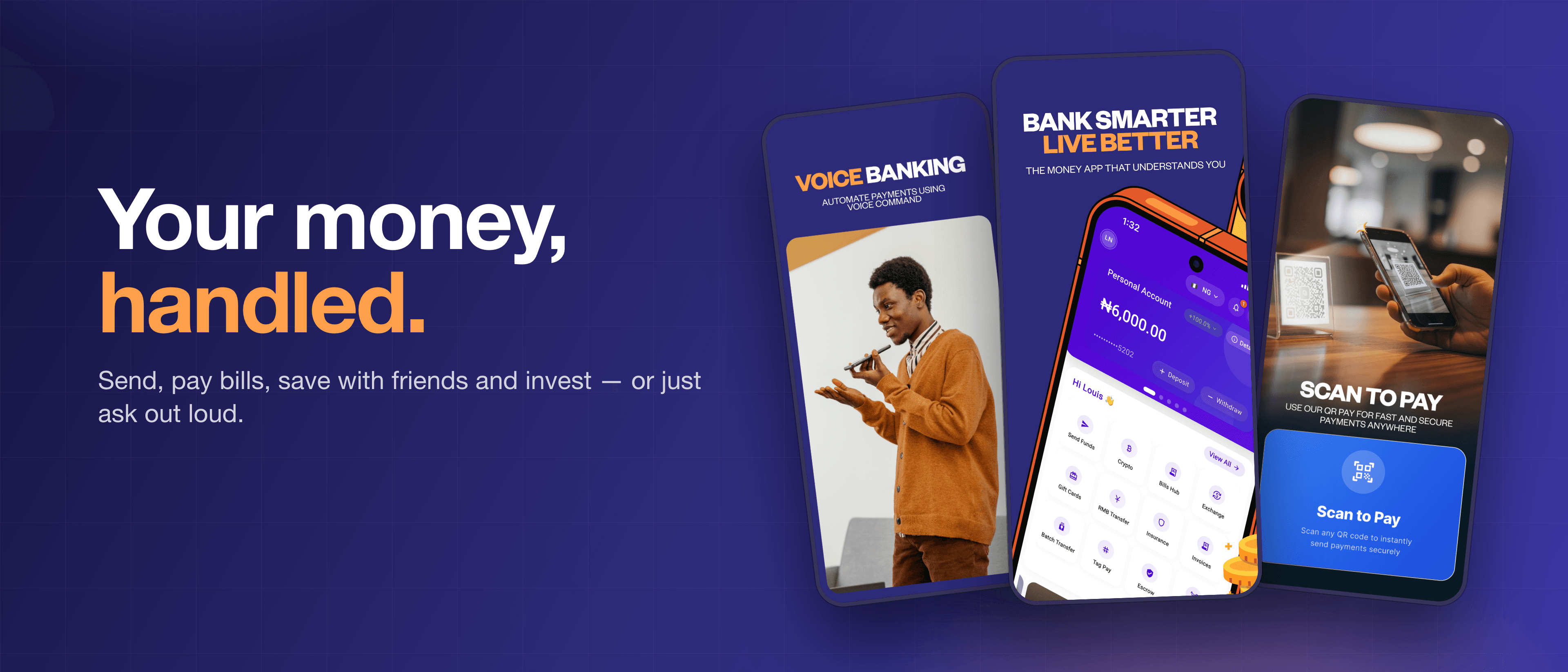 Three phones showing Lazervault's voice banking, account home and scan-to-pay screens